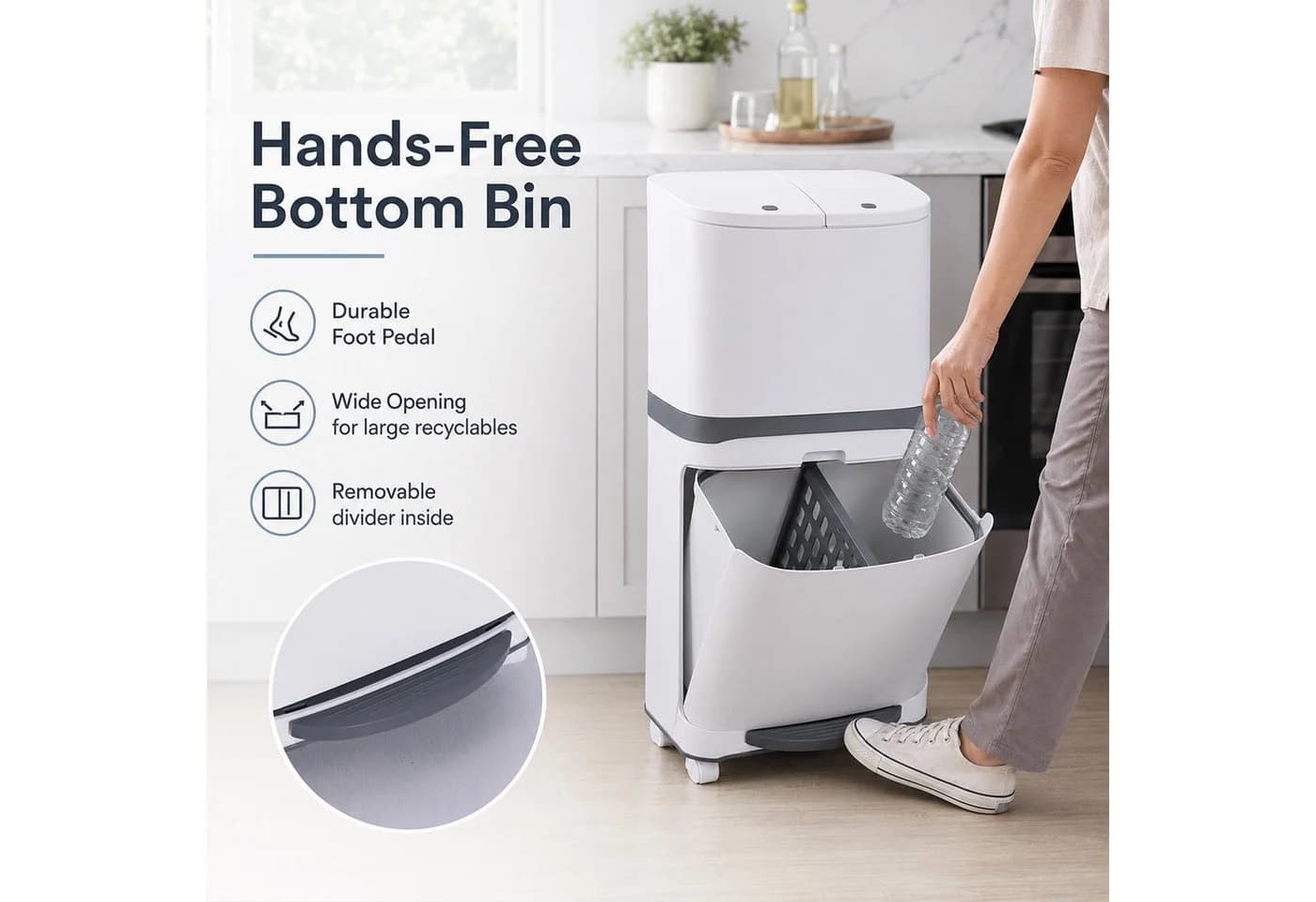 BlingBin Mülltrennsystem Mülleimer 48L Weiß Treteimer Rollen - Bild 5