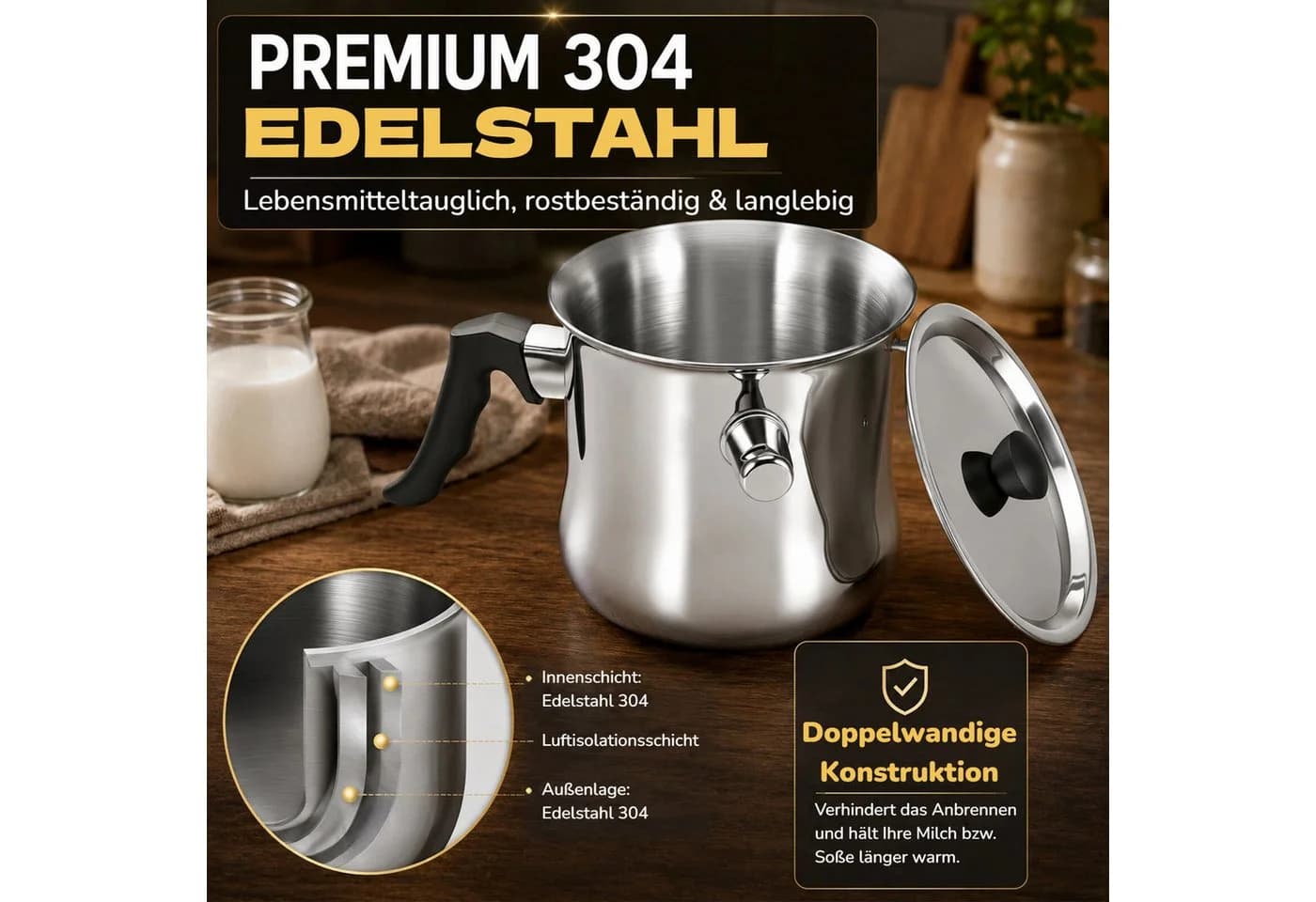 BlingBin Milchtopf 1,5L Doppelwandig Edelstahl mit Pfeifdeckel - Bild 3