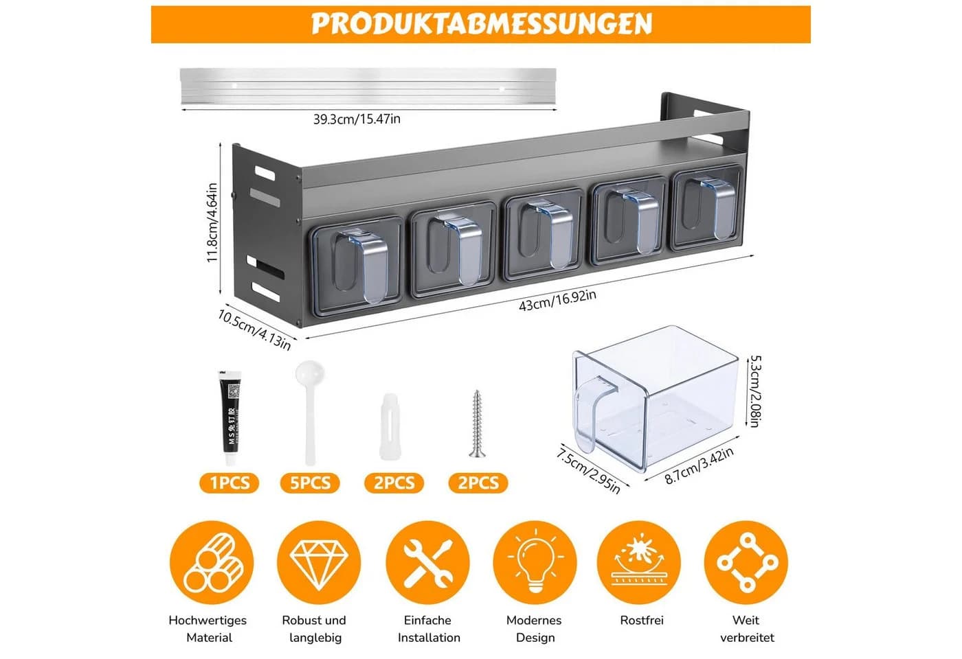 BlingBin Gewürzregal Aluminium Grau mit 5 Dosen & Löffeln