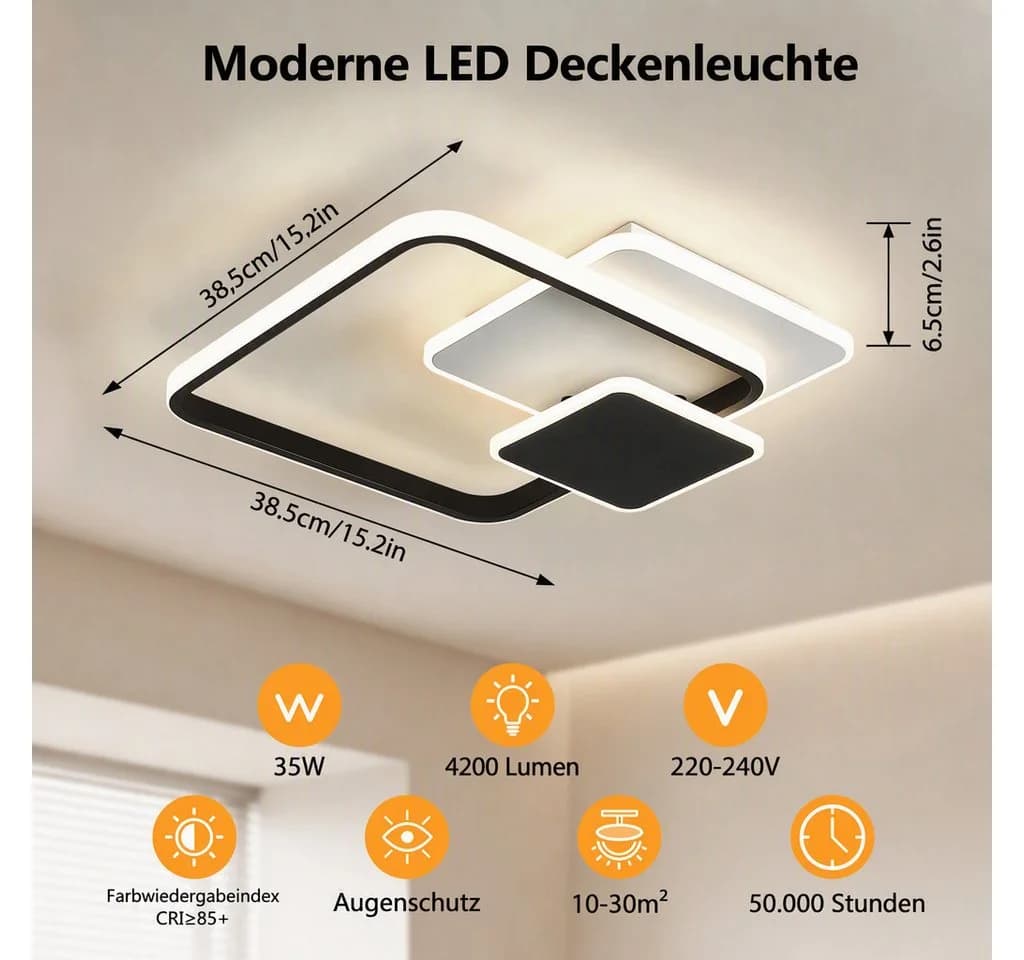 BlingBin LED Deckenleuchte dimmbar 3Quadrat-Design Schwarz/Weiß - Bild 4
