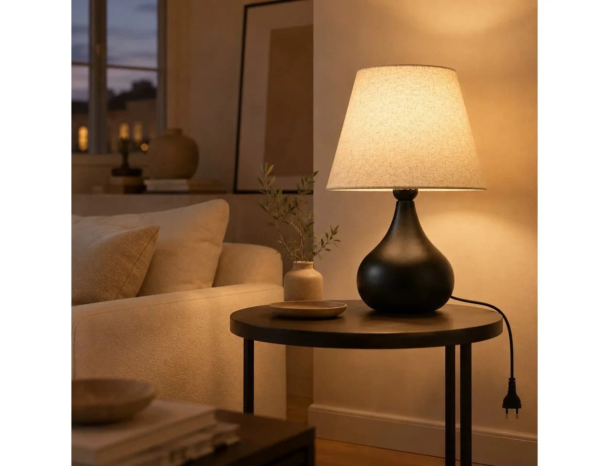 BlingBin Tischleuchte E27 Schwarz Beige Leinenschirm Modern