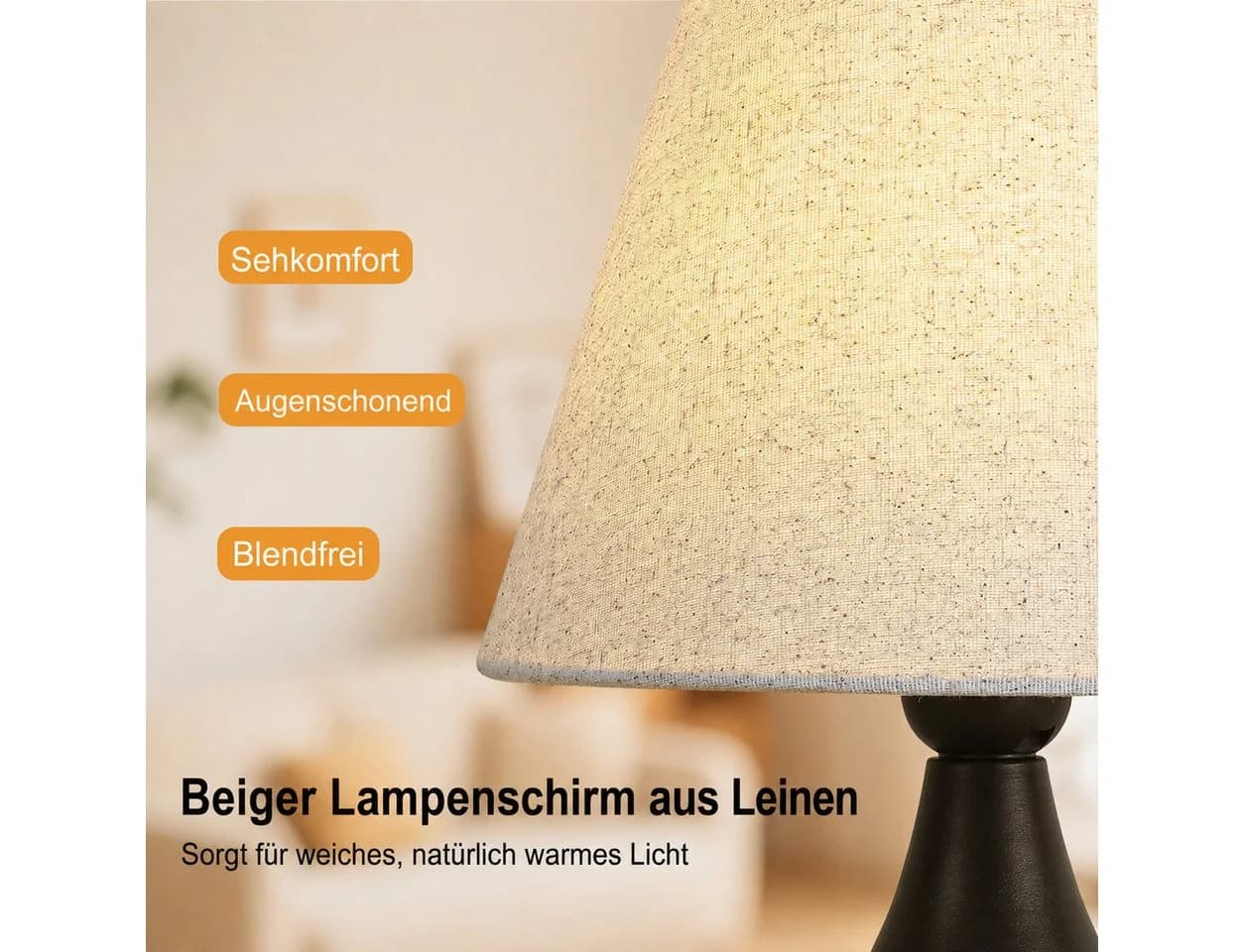 BlingBin Tischleuchte E27 Schwarz Beige Leinenschirm Modern - Bild 4