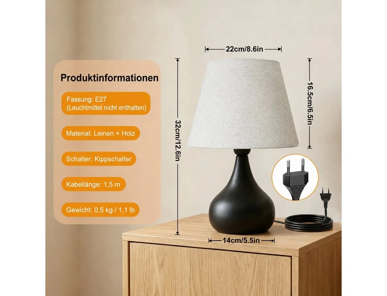 BlingBin Tischleuchte E27 Schwarz Beige Leinenschirm Modern - Bild 5