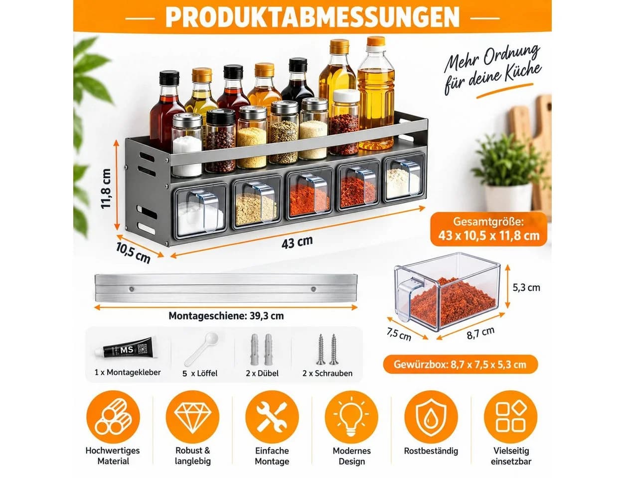 LEMLIT Gewürzregal Grau Aluminium mit 5 Dosen