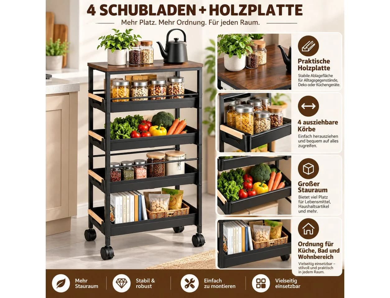 LEMLIT Küchenwagen 5 Ebenen Braun/Schwarz Mit Schubladen - Bild 3