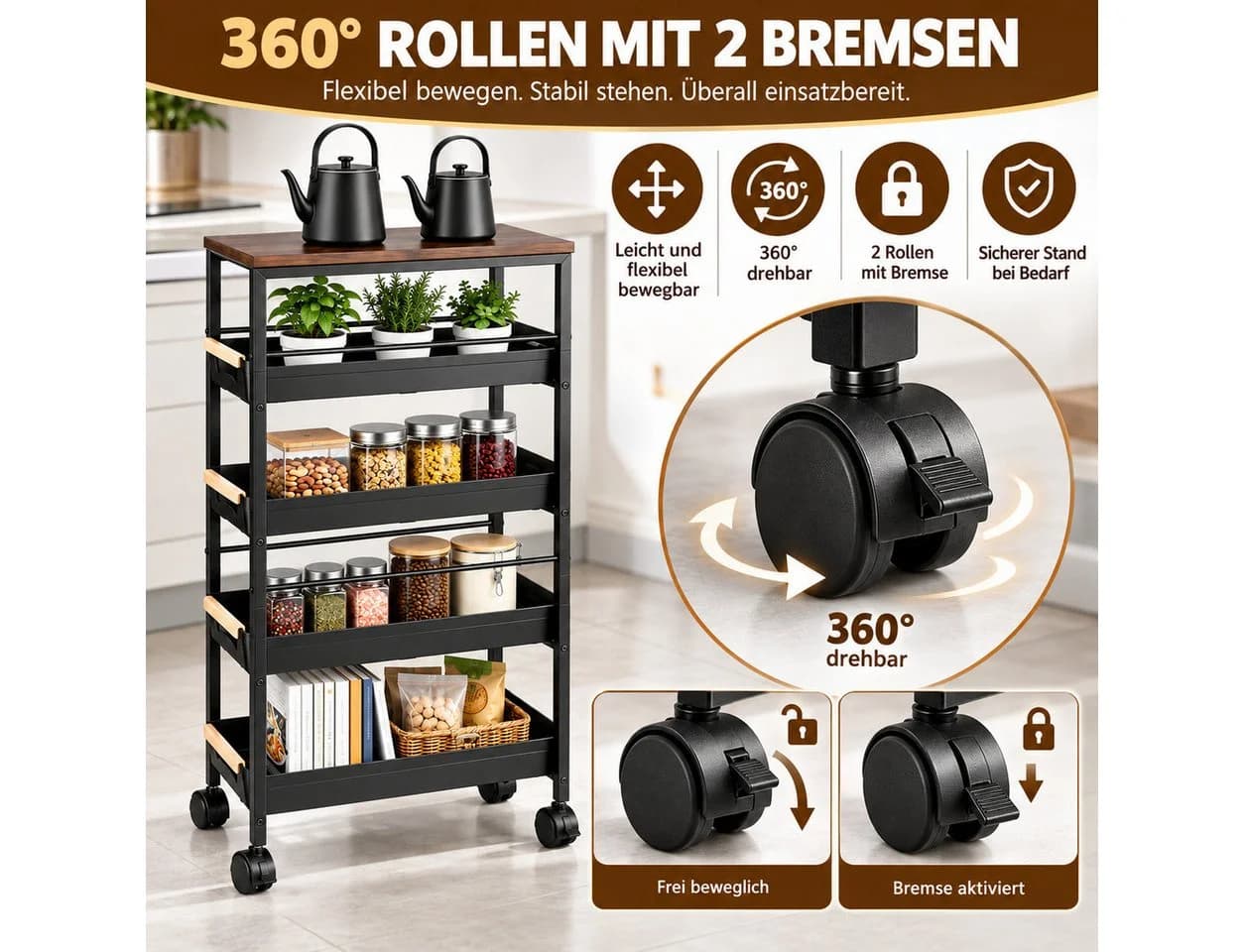 LEMLIT Küchenwagen 5 Ebenen Braun/Schwarz Mit Schubladen - Bild 4