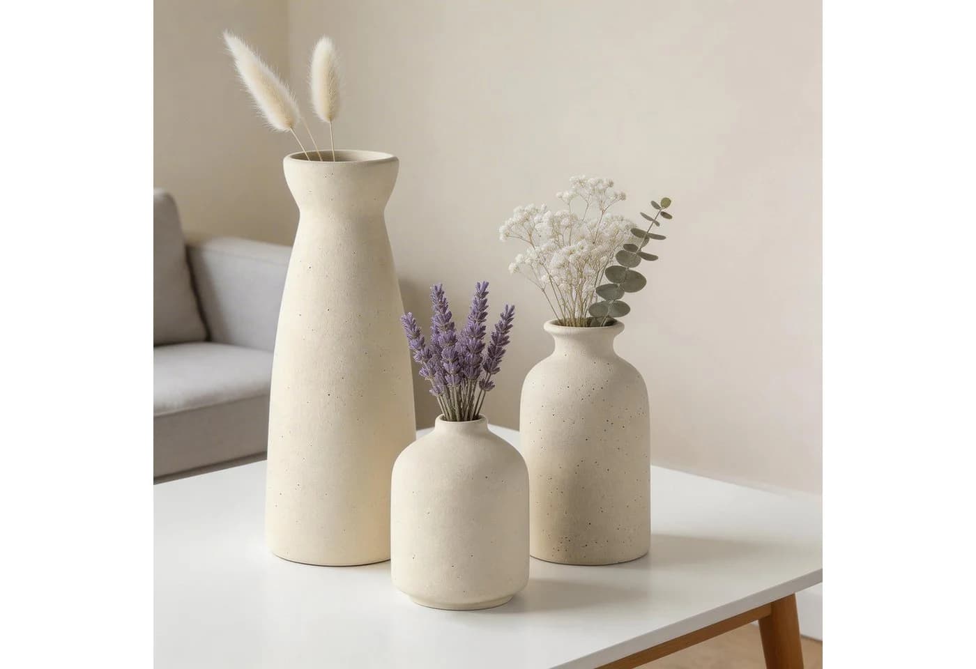 LEMLIT Keramikvasen-Set 3-teilig Beige Minimalistisch