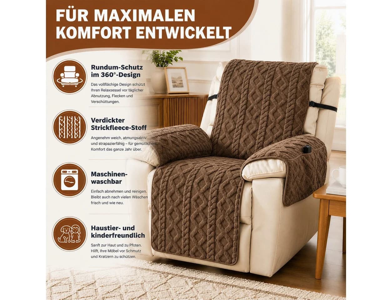 BlingBin Sesselschoner Rutschfest mit Taschen Braun