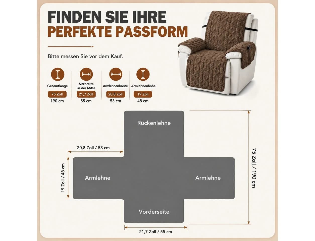 BlingBin Sesselschoner Rutschfest mit Taschen Braun - Bild 3