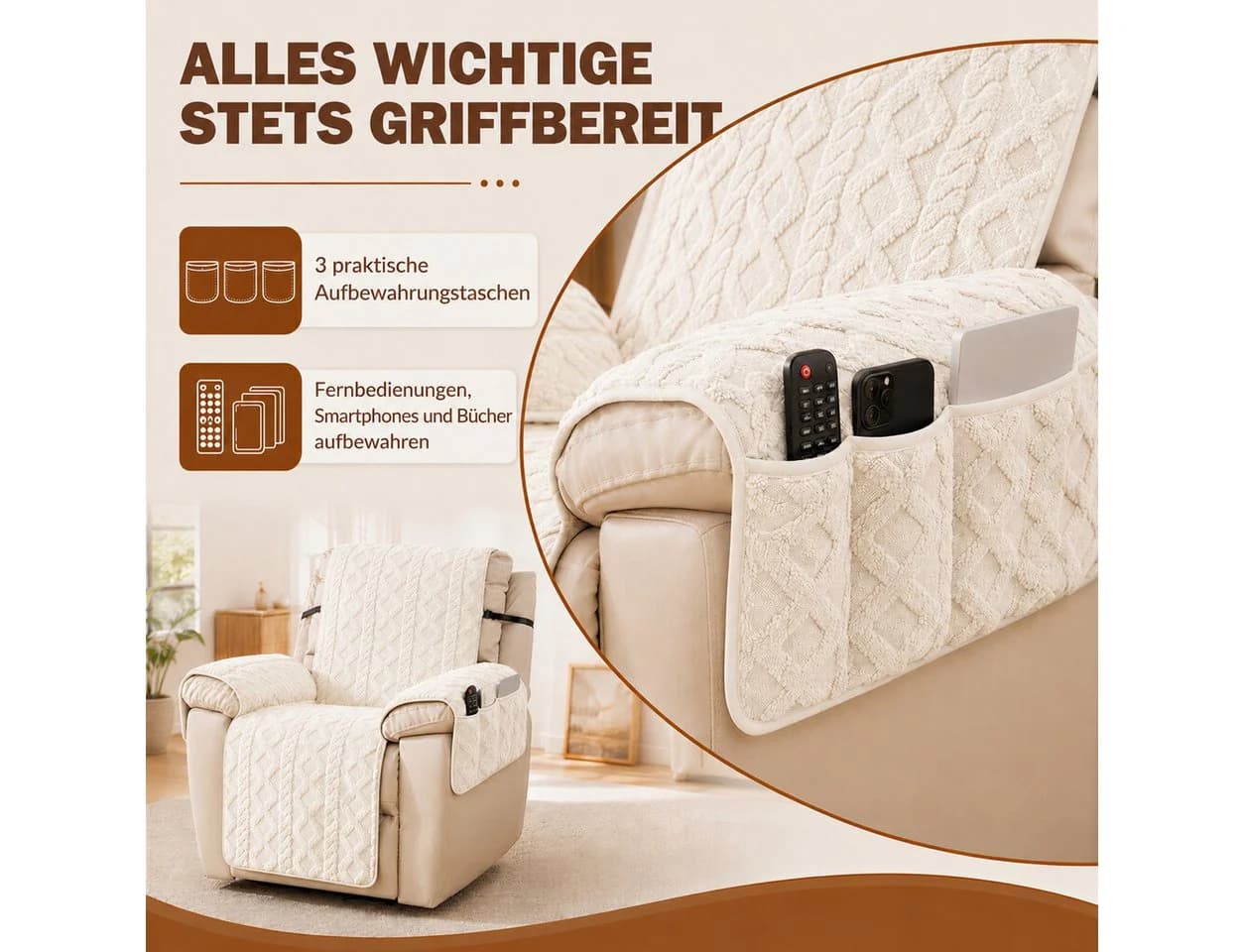 LEMLIT Sesselschoner für Relaxsessel mit Armlehne Grau/Weiß/Braun - Bild 3