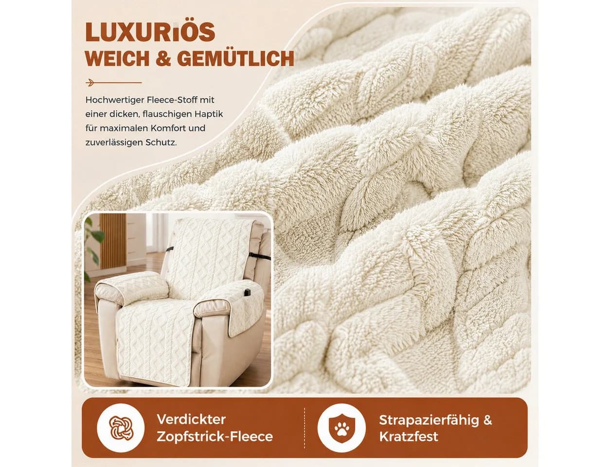 LEMLIT Sesselschoner für Relaxsessel mit Armlehne Grau/Weiß/Braun - Bild 4