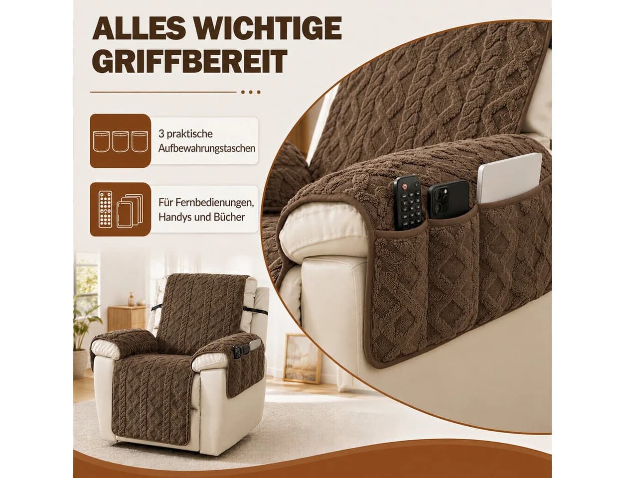 LEMLIT Sesselschoner für Relaxsessel mit Armlehne Grau/Weiß/Braun - Bild 3