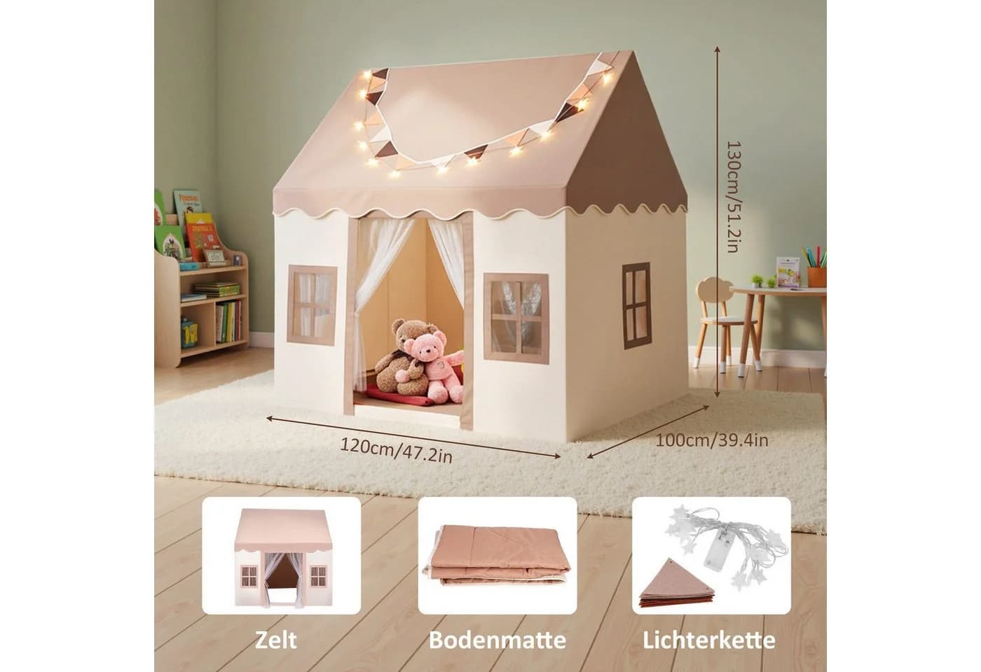 LEMLIT Spielzelt Kinderzelt Indoor Outdoor Mit Matte und Lichtern
