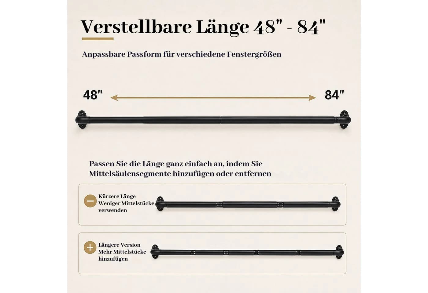 BlingBin Gardinenstange Industriell Schwarz Ausziehbar 120-212 cm - Bild 3