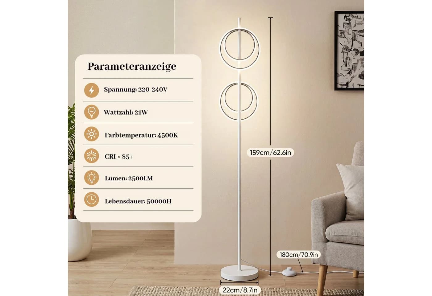 BlingBin Stehlampe LED Doppelring Silber 21W 4500K - Bild 3
