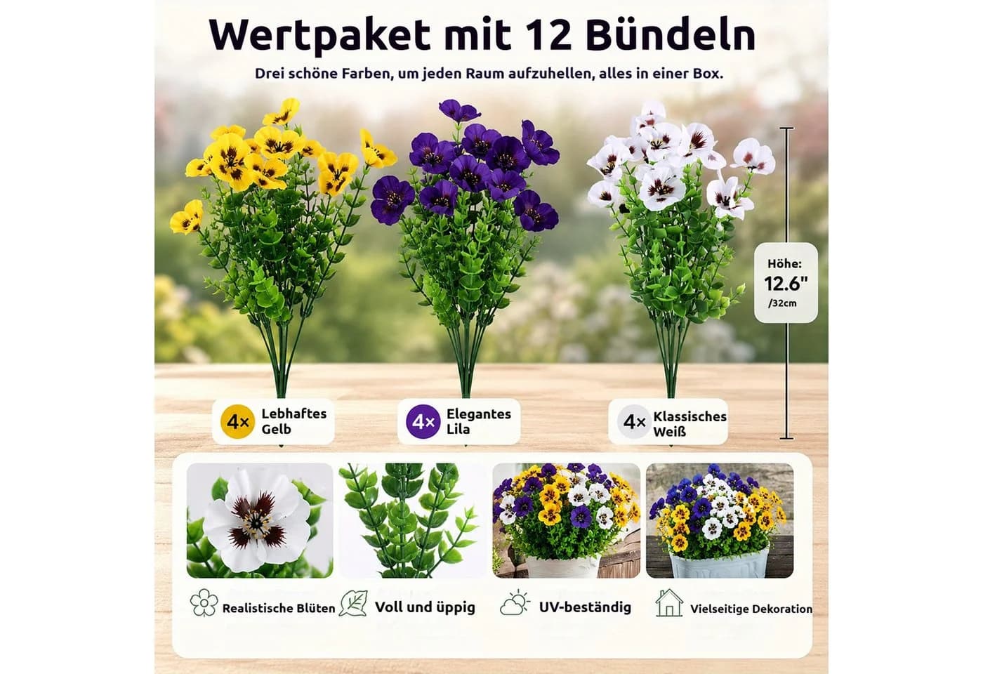 BlingBin Kunstblumenstrauß 12 Bündel Bunt UV-beständig