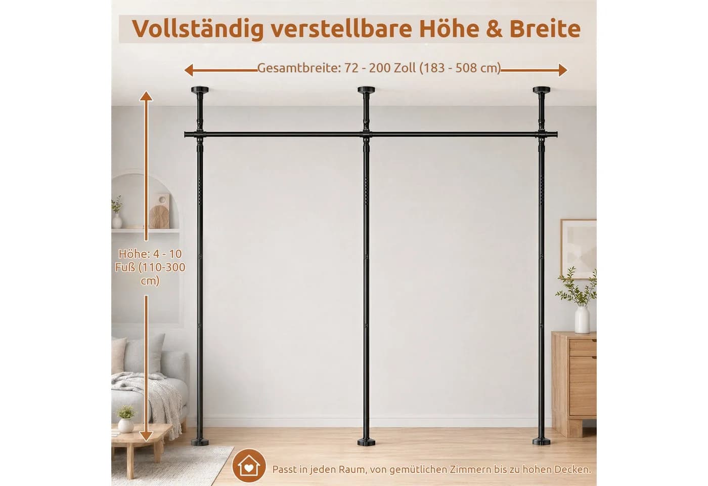 BlingBin Raumteiler Spannstange Schwarz Verstellbar 7-tlg.