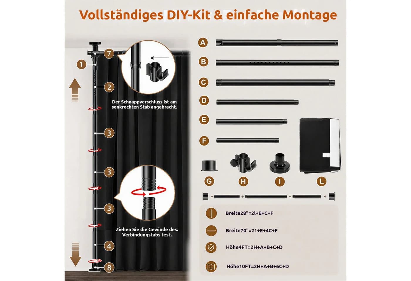 BlingBin Raumteiler Spannstange Schwarz Verstellbar 7-tlg. - Bild 4