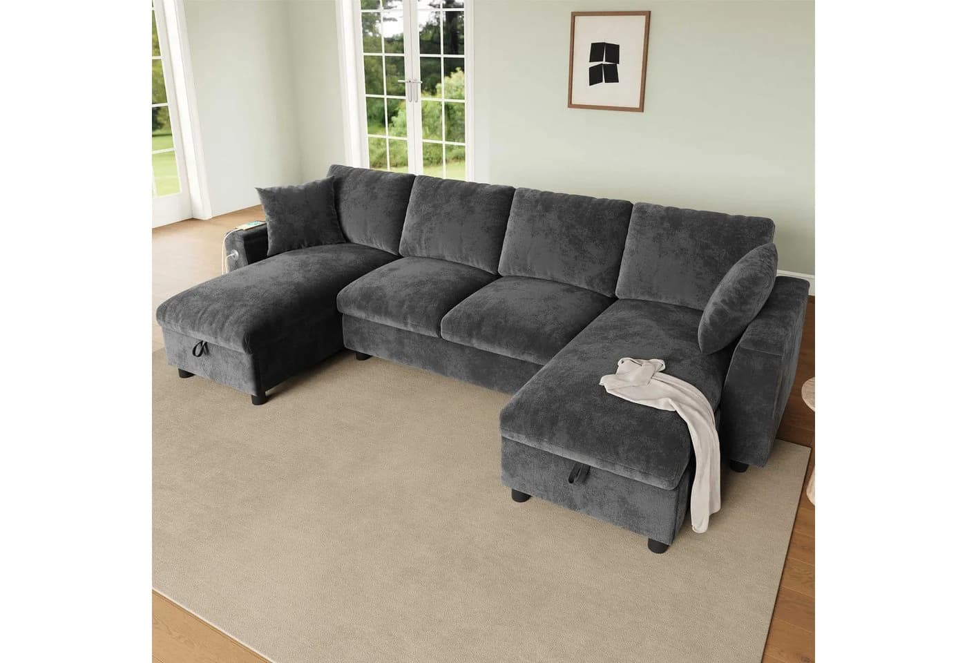BlingBin U-Form Ecksofa mit USB-Anschluss und Stauraum Grau