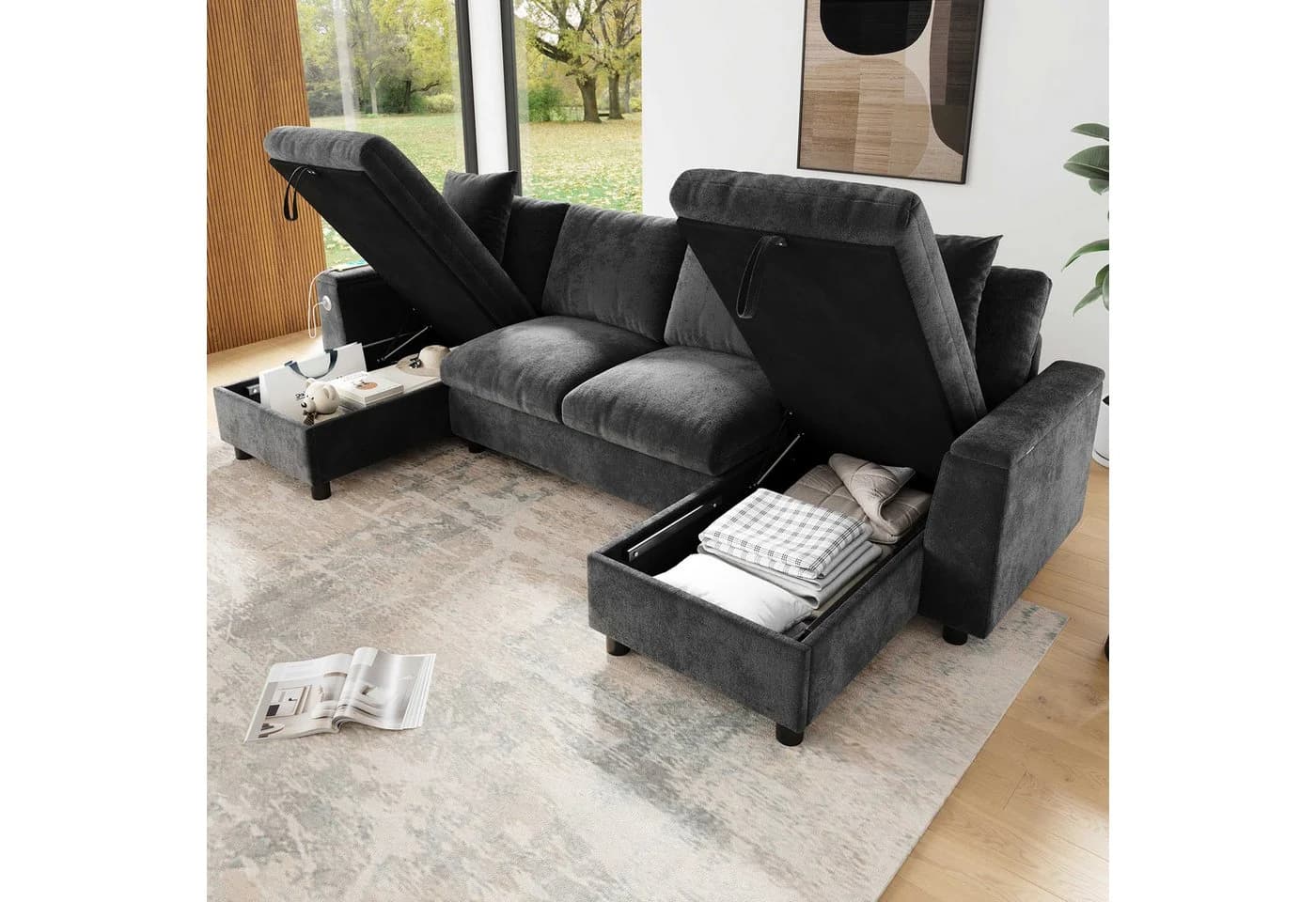 BlingBin U-Form Ecksofa mit USB-Anschluss und Stauraum Grau - Bild 2