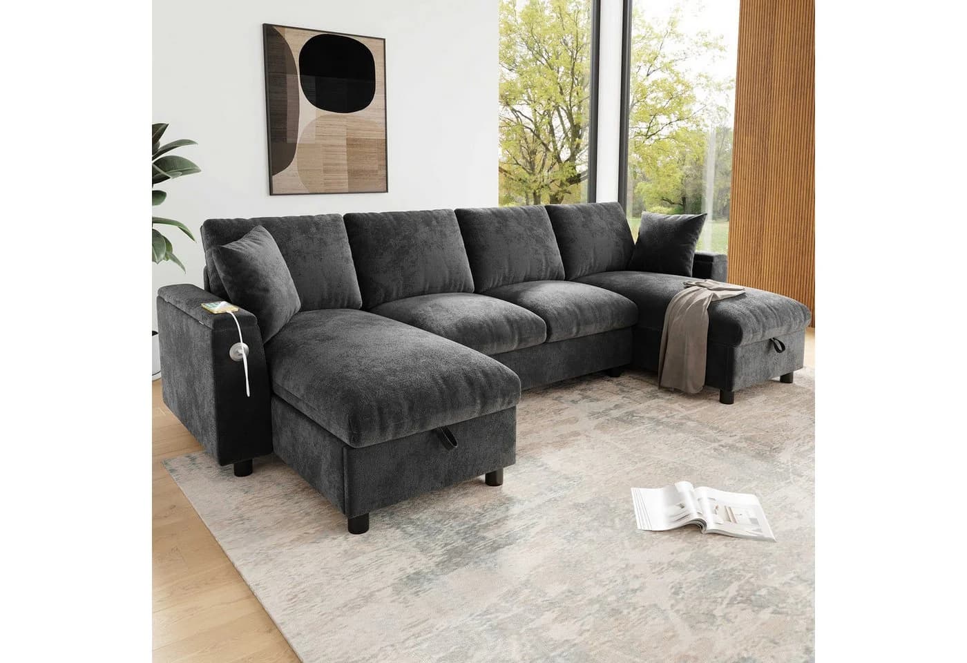 BlingBin U-Form Ecksofa mit USB-Anschluss und Stauraum Grau - Bild 5