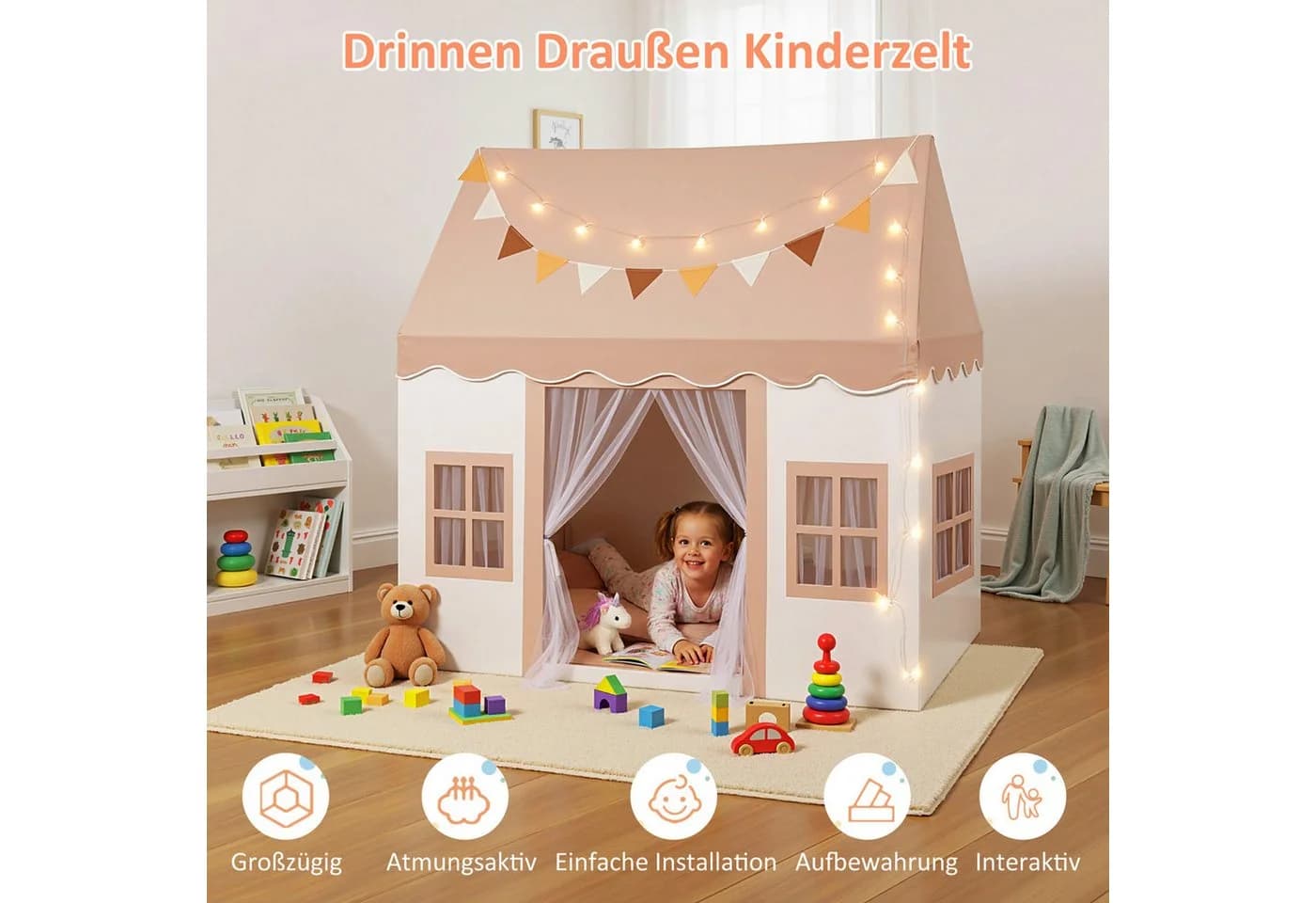 BlingBin Spielzelt Kinder Indoor mit Lichtern und Krabbelmatte