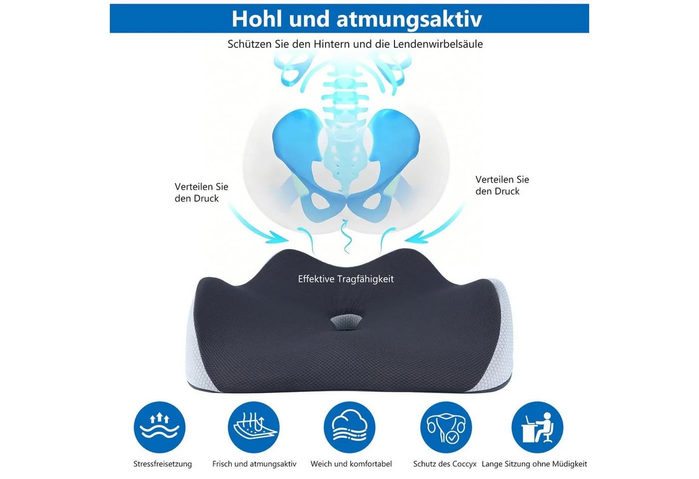 BlingBin Stuhlkissen Sitzkissen Grau Memory-Schaum Ergonomisch - Bild 4