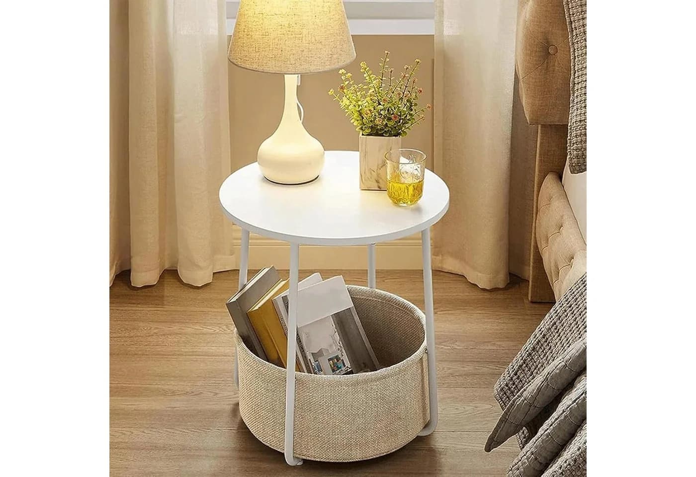 BlingBin Beistelltisch Rund Weiß Beige mit Stoffkorb - Bild 3