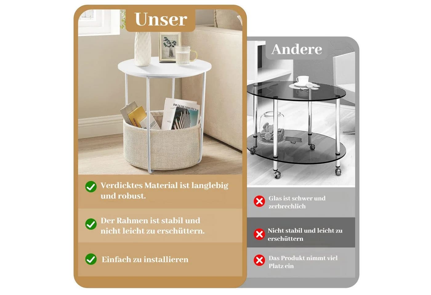 BlingBin Beistelltisch Rund Weiß Beige mit Stoffkorb - Bild 4