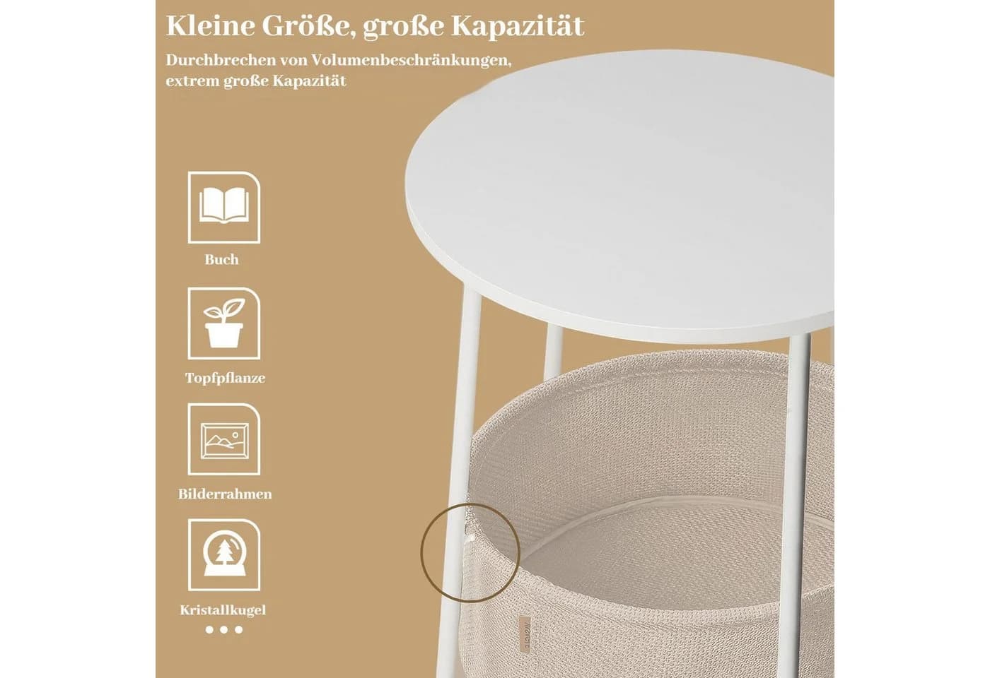 BlingBin Beistelltisch Rund Weiß Beige mit Stoffkorb - Bild 5