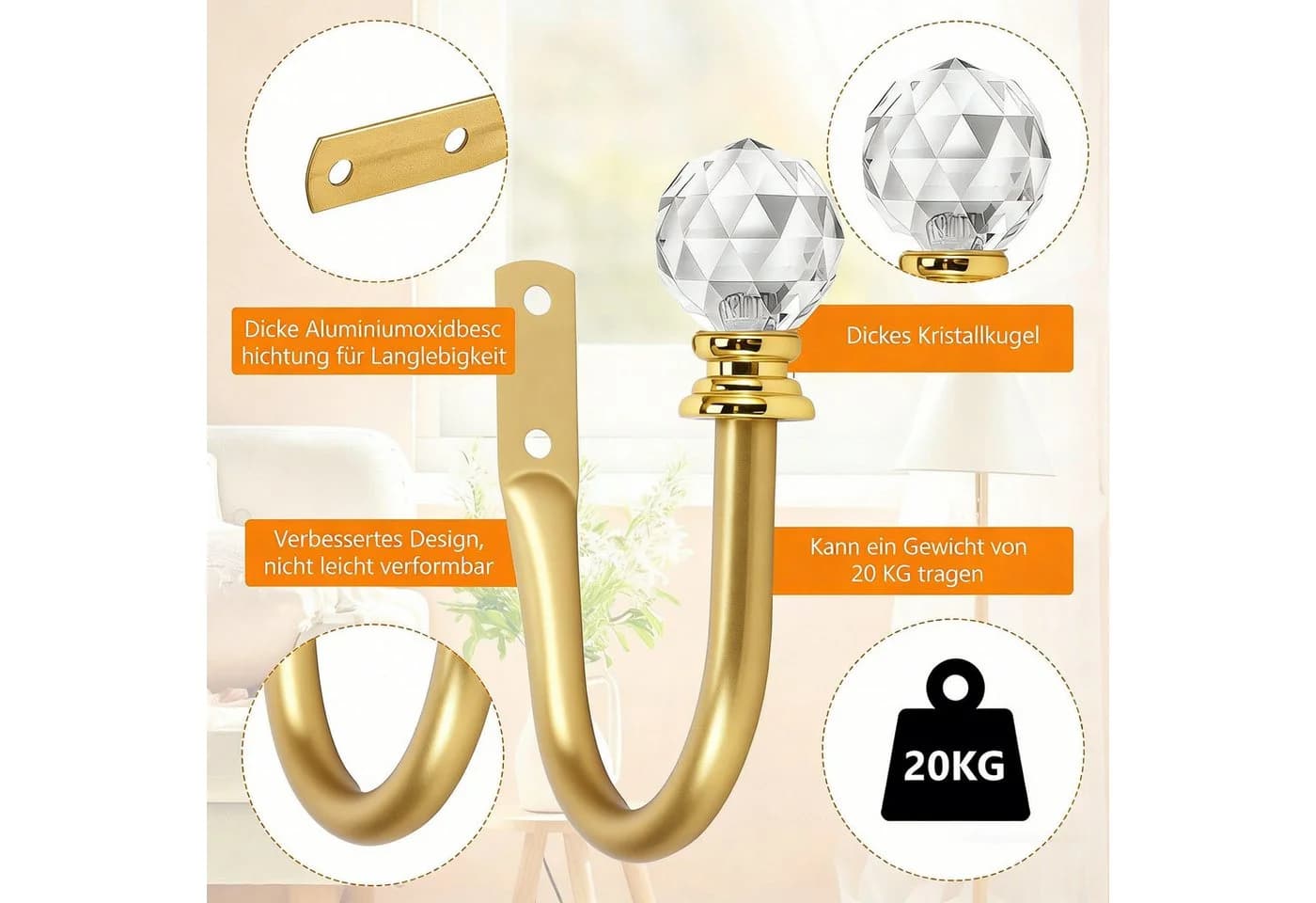 BlingBin Raffhalter Vorhanghalter mit Kristallkugel Gold