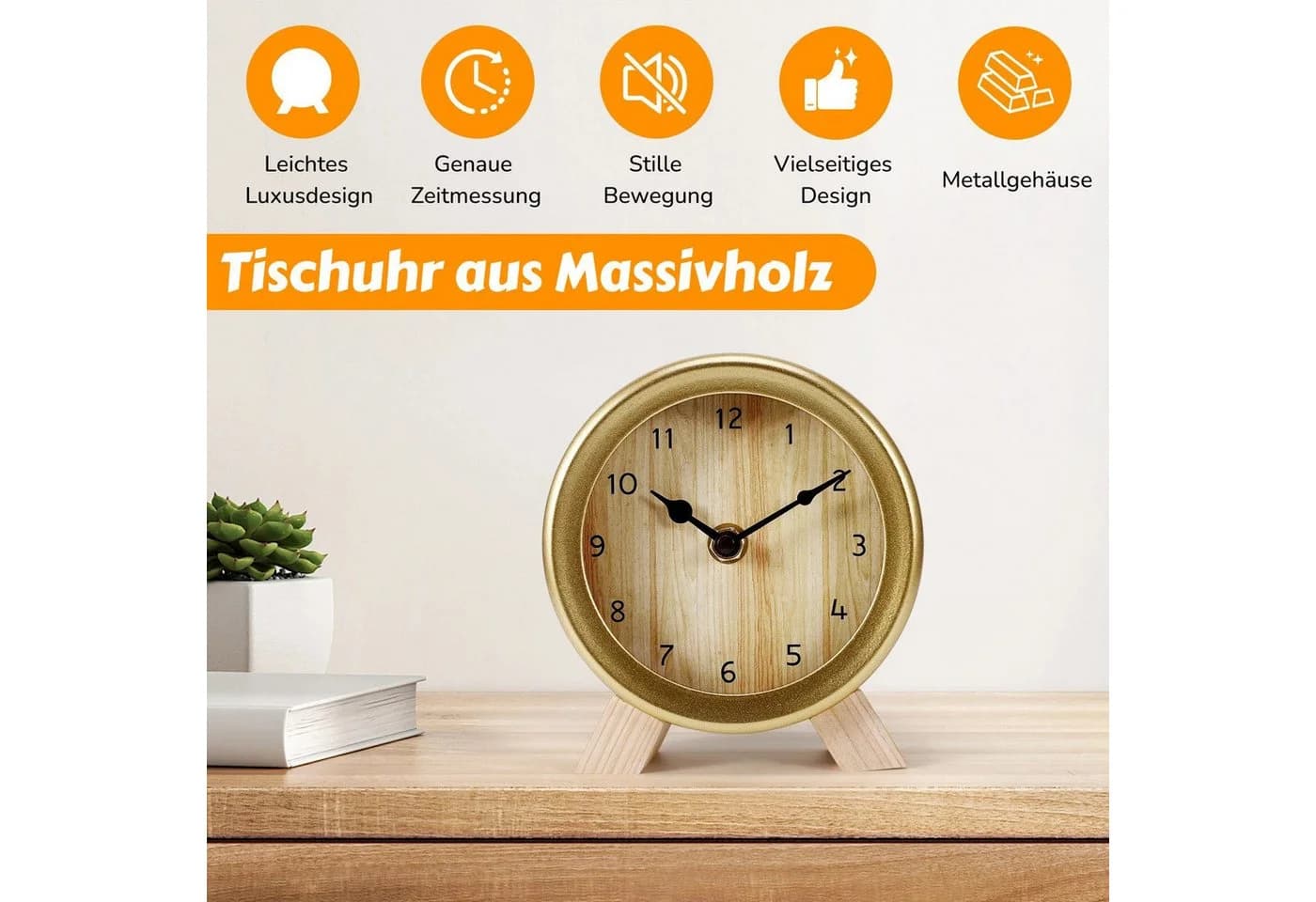 BlingBin Analoger Tischwecker Gold Schwarz Leise Holz Metall
