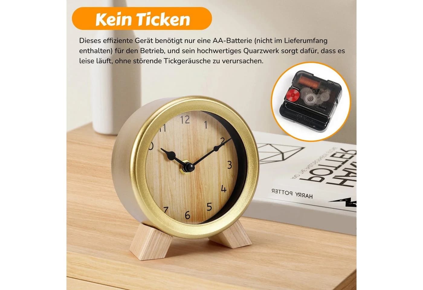 BlingBin Analoger Tischwecker Gold Schwarz Leise Holz Metall - Bild 5