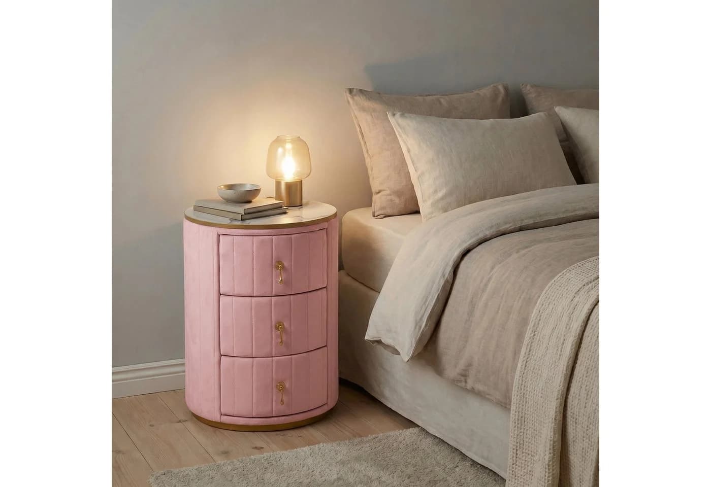 BlingBin Nachttisch Rosa Samt Marmorplatte 3 Schubladen - Bild 2