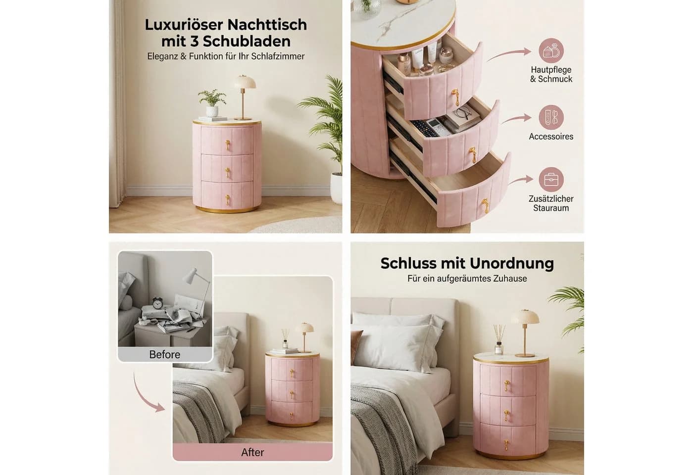 BlingBin Nachttisch Rosa Samt Marmorplatte 3 Schubladen - Bild 5