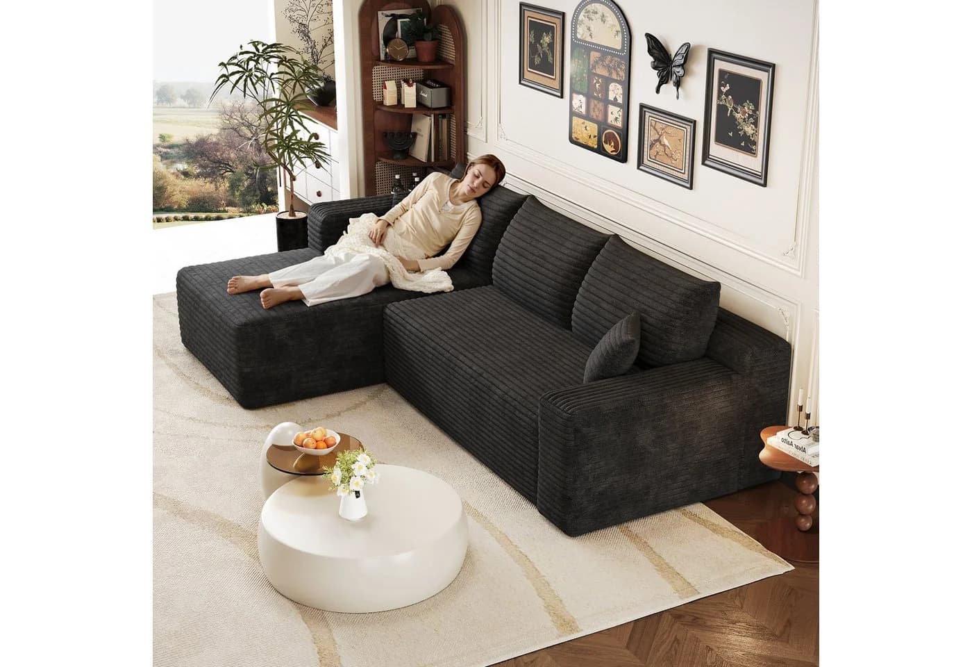 BlingBin Wolken Sofa L-Form Schwarz Cordstoff vormontiert - Bild 3