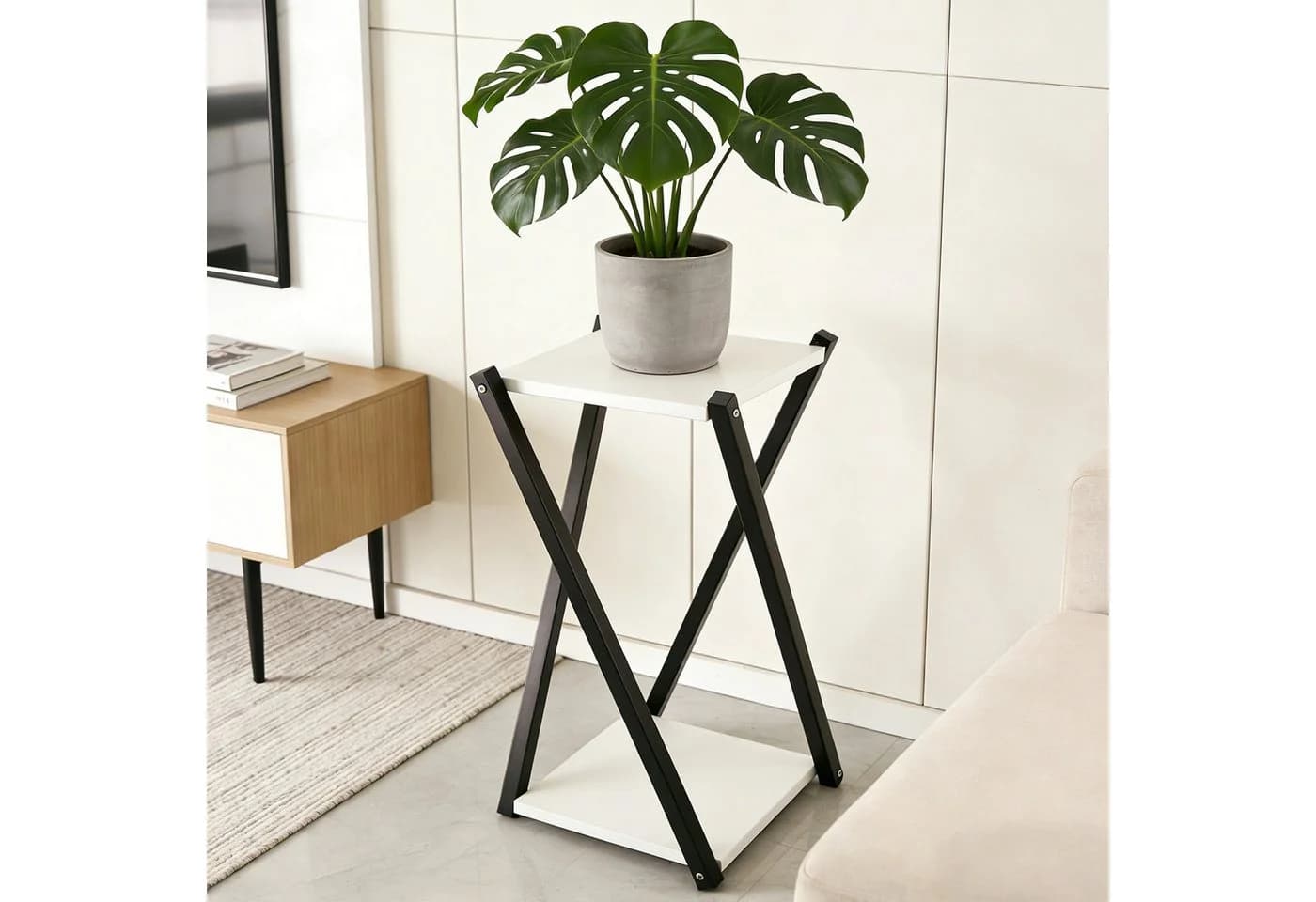 BlingBin Blumenhocker Zweistöckig Metall MDF Weiß/Braun
