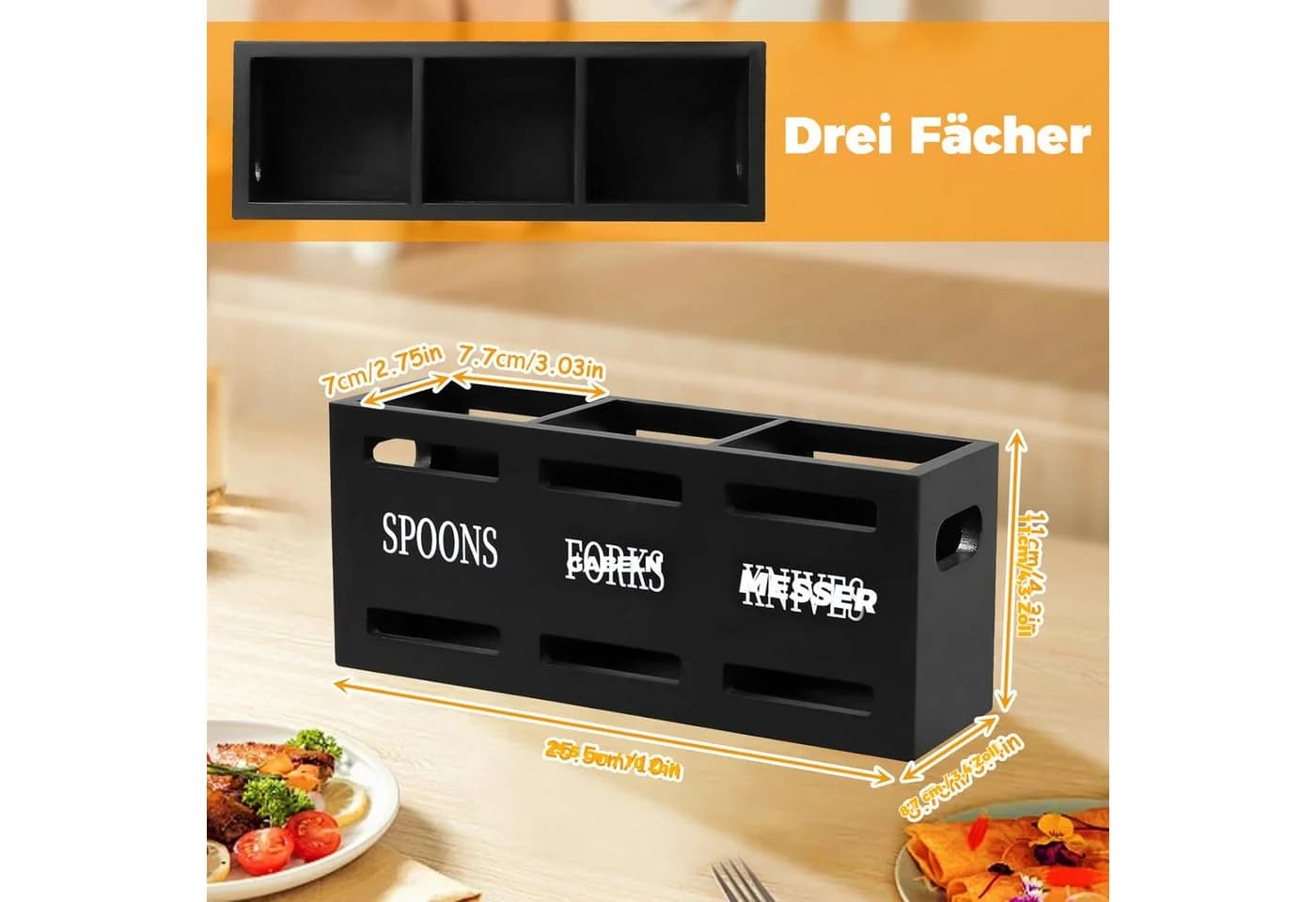 BlingBin Besteckhalter 3-fach Schwarz Massivholz