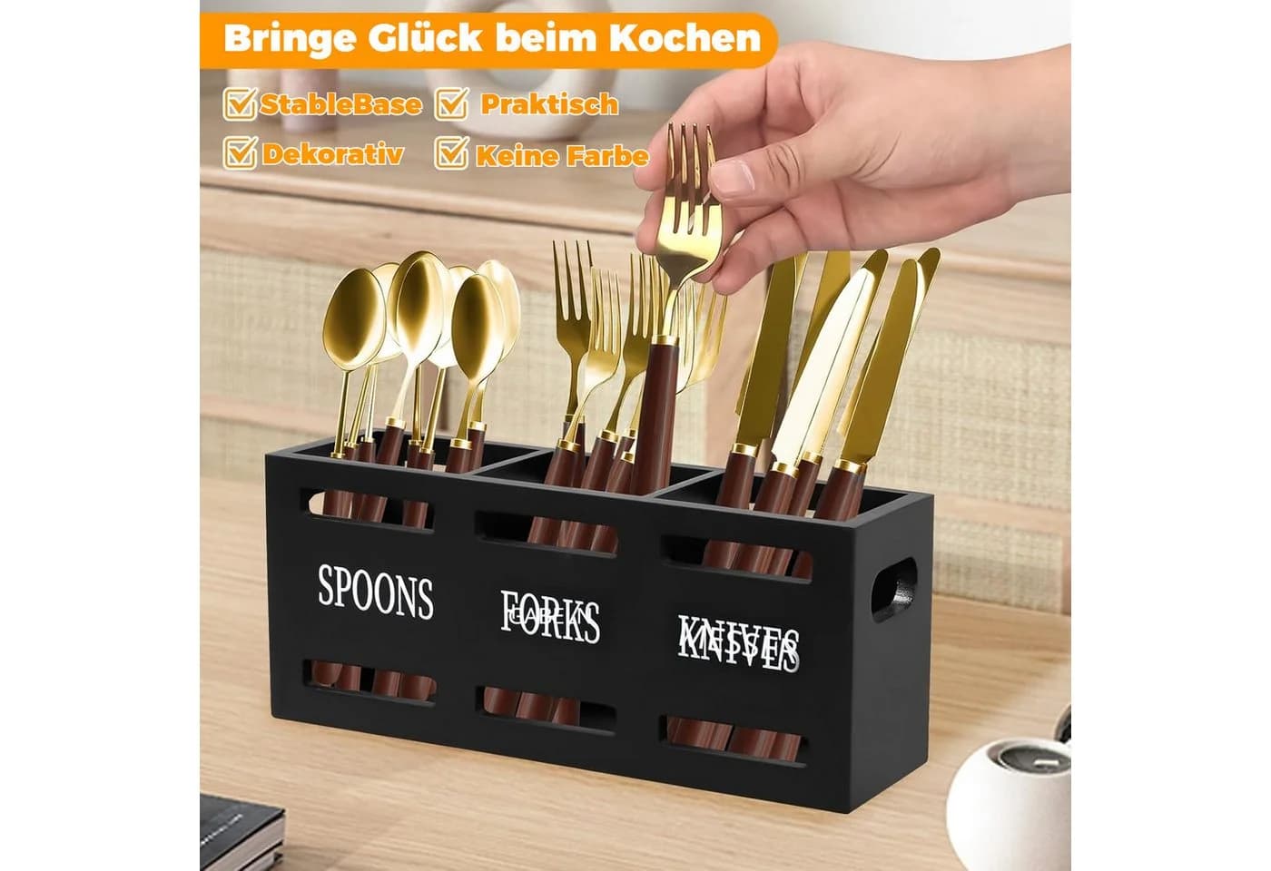 BlingBin Besteckhalter 3-fach Schwarz Massivholz - Bild 3