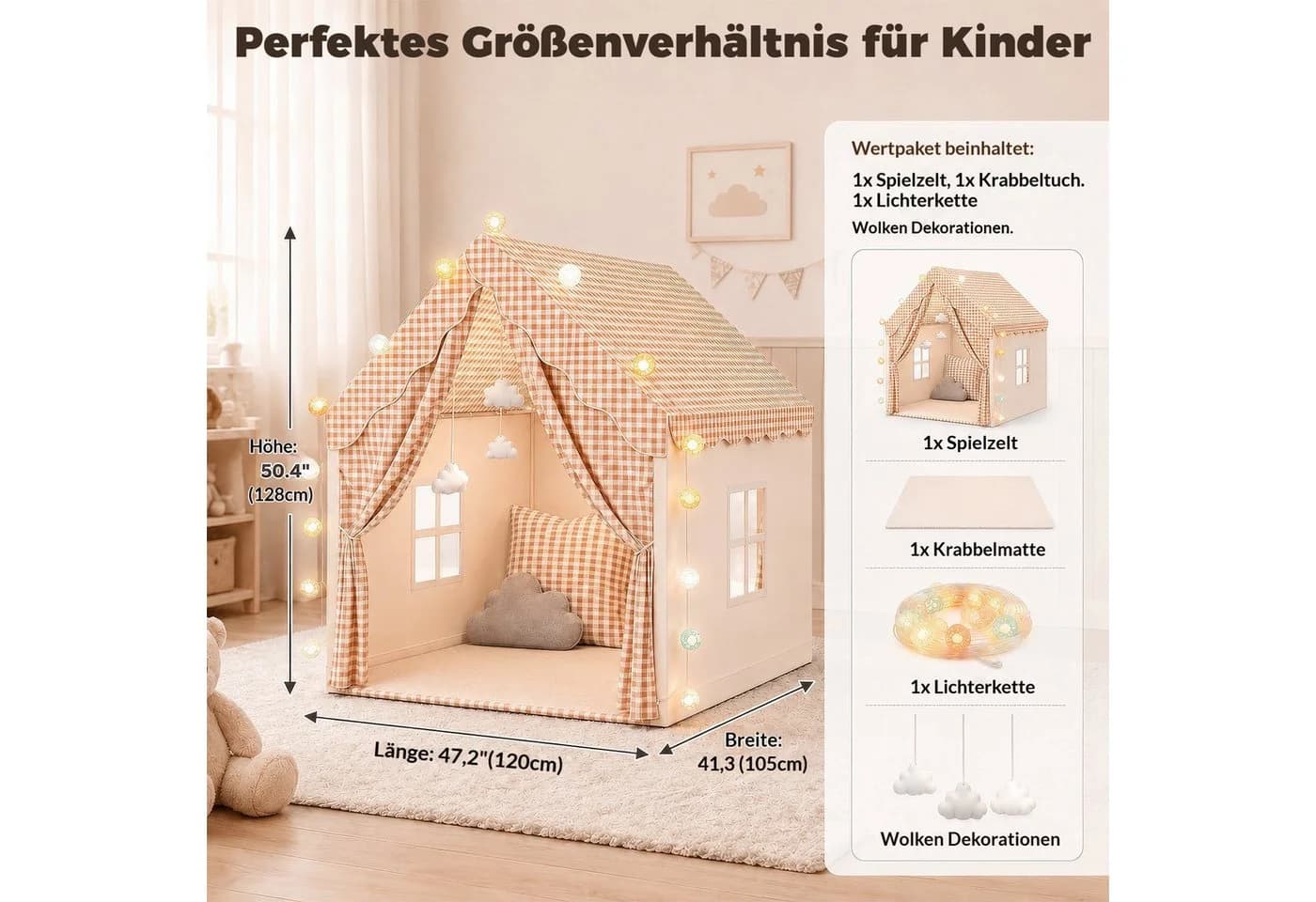 BlingBin Spielzelt Indoor Beige Polyestergewebe Komplett-Set