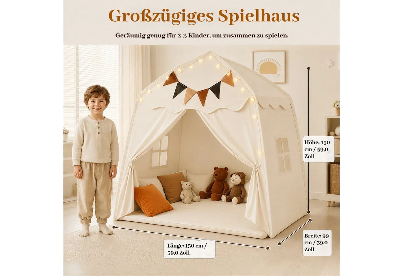 BlingBin Spielzelt Indoor Kinderspielhaus Beige Polyester
