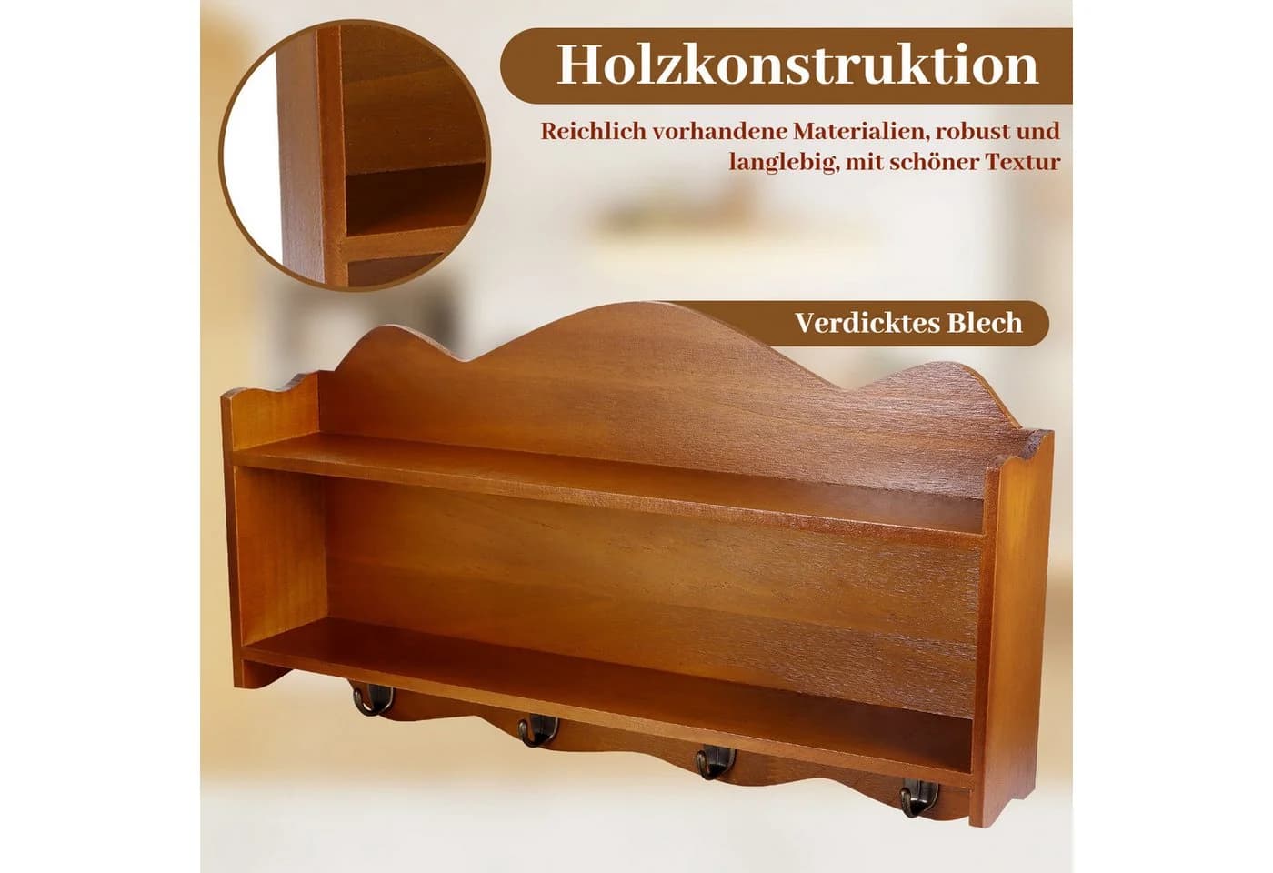 BlingBin Gewürzregal 2 Ebenen Hängend Küchenregal 4 Haken Massivholz - Bild 3