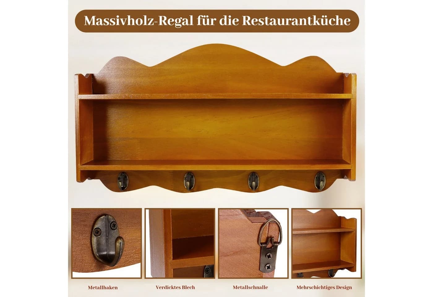 BlingBin Gewürzregal 2 Ebenen Hängend Küchenregal 4 Haken Massivholz - Bild 4