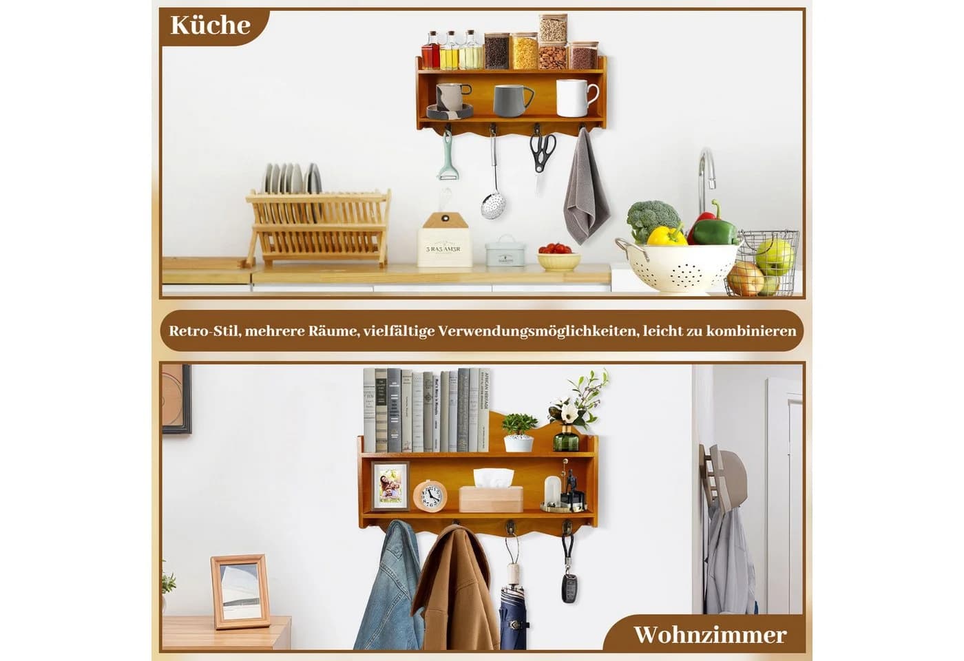 BlingBin Gewürzregal 2 Ebenen Hängend Küchenregal 4 Haken Massivholz - Bild 5