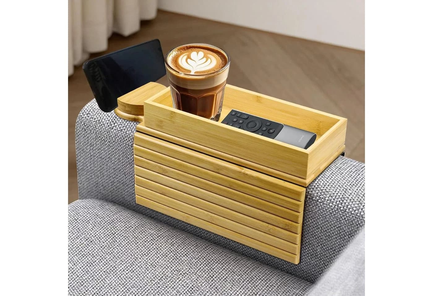 BlingBin Bambus Sofa-Arm Tablett mit 360° Telefonhalter
