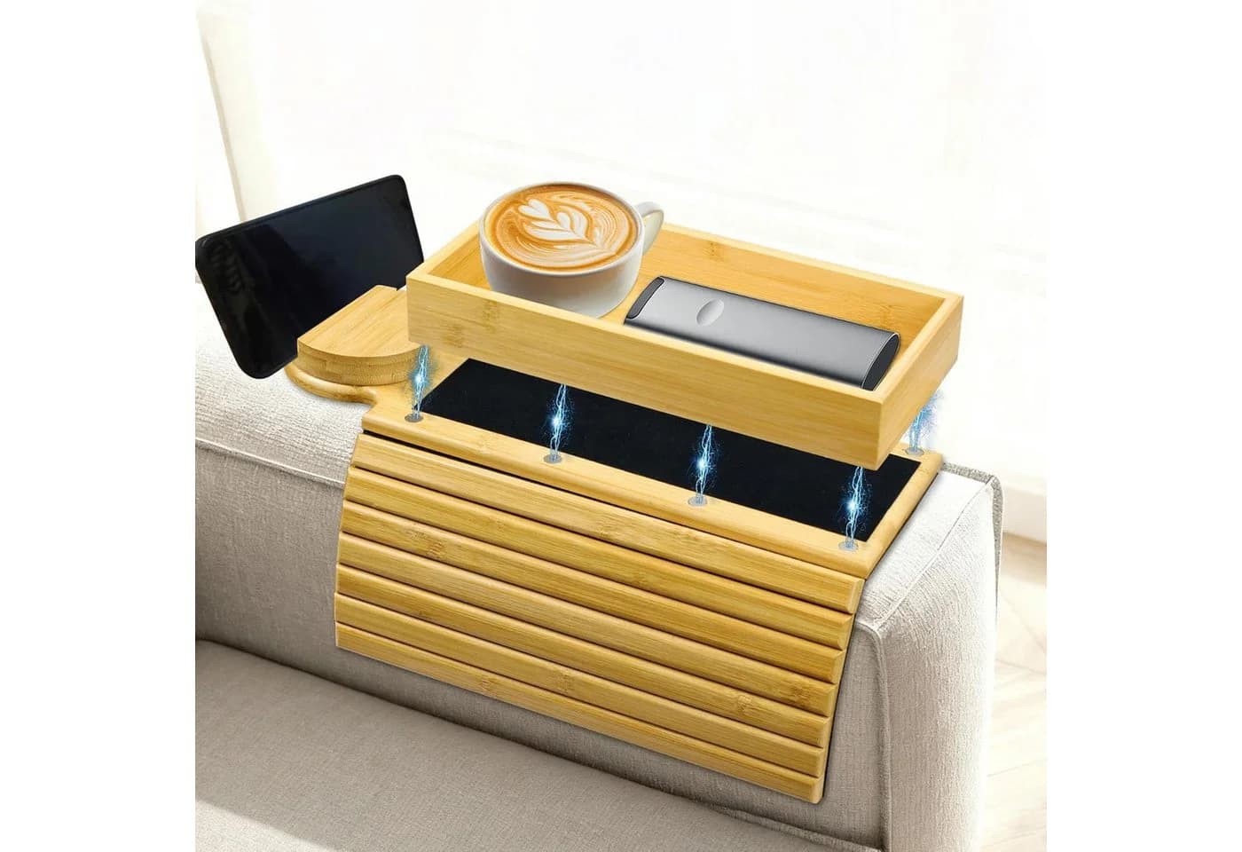 BlingBin Bambus Sofa-Arm Tablett mit 360° Telefonhalter - Bild 2
