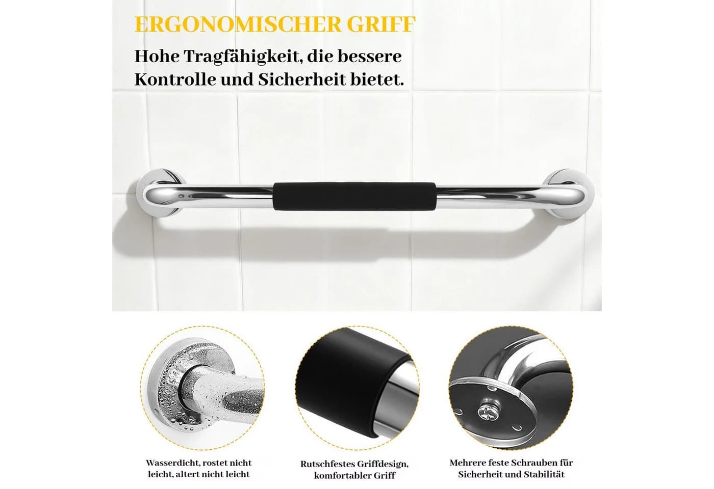 BlingBin Dusch-Haltegriff Edelstahl Schwarz/Silber 200kg - Bild 4
