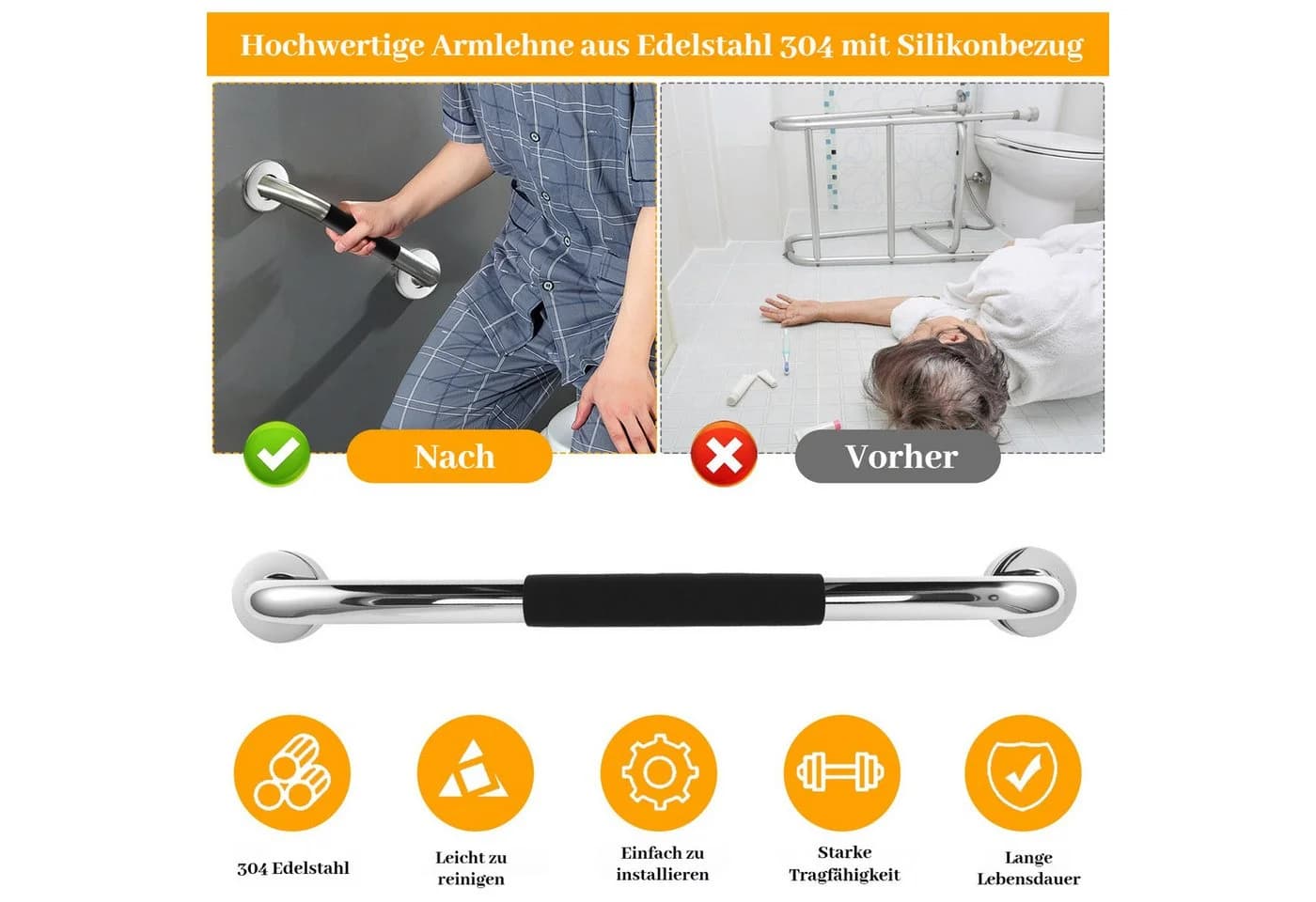 BlingBin Dusch-Haltegriff Edelstahl Schwarz/Silber 200kg - Bild 5