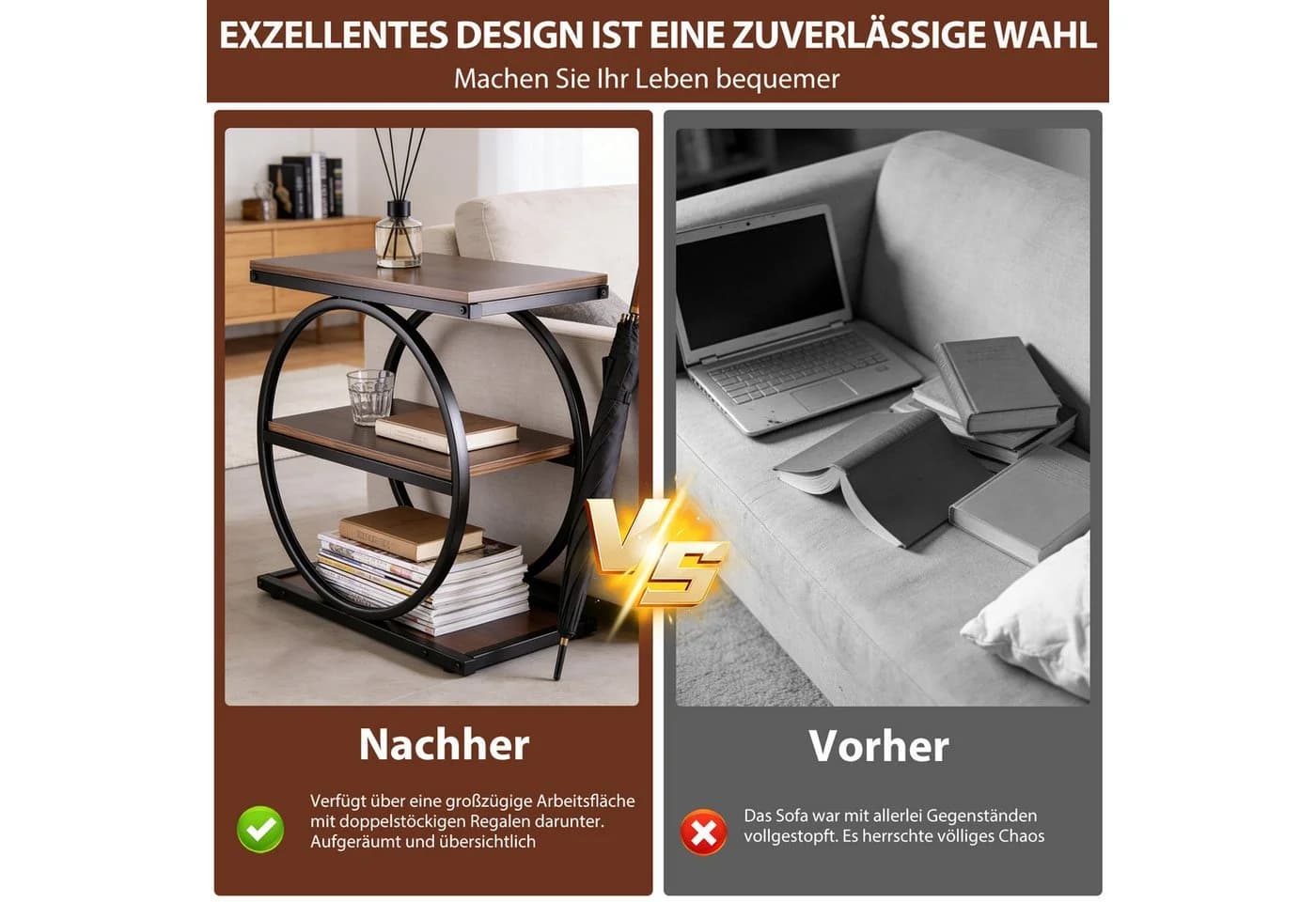 BlingBin Bücherregal 3 Ebenen Beistelltisch Rustikal-Braun - Bild 5