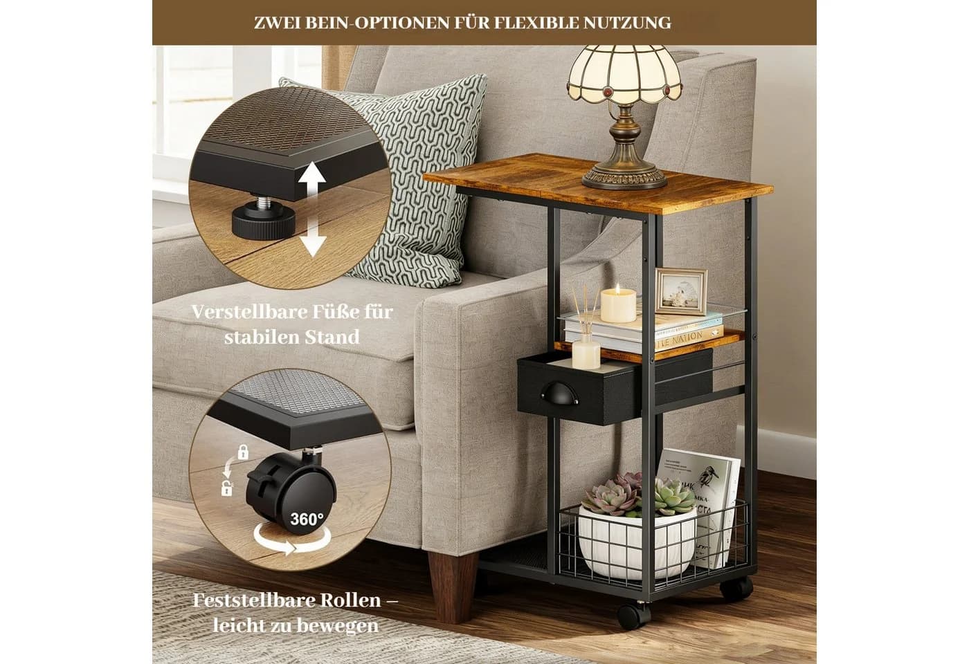 BlingBin C-förmiger Beistelltisch mit Rollen, Metall MDF, Braun/Schwarz
